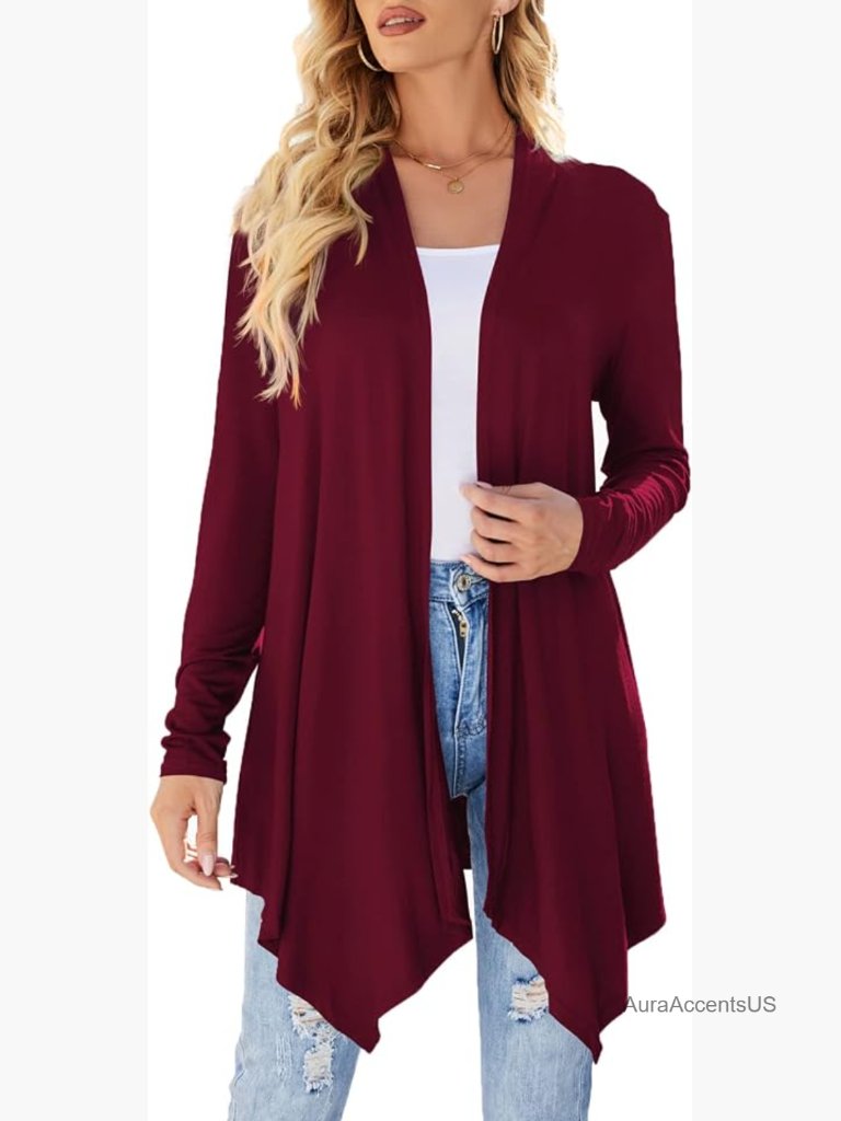 Draped Open Front Cardigan Long Sleeve Lightweight Duster